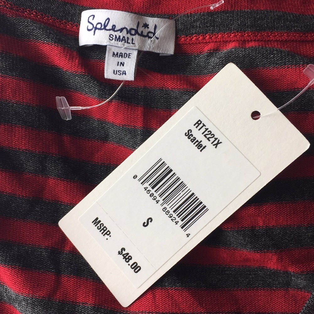 SPLENDID Size SMALL V-Neck Striped Tee Cozy Thin-Stripe Red/Gray $48 NEW - Picture 6 of 8